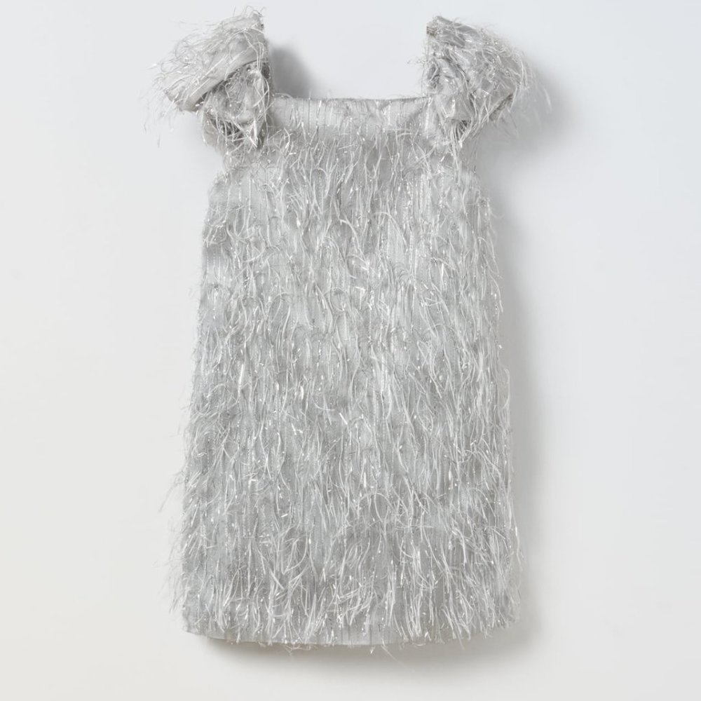Zara Silver Feather and Rhinestone Embellished Dress Kids Girls Size 6T